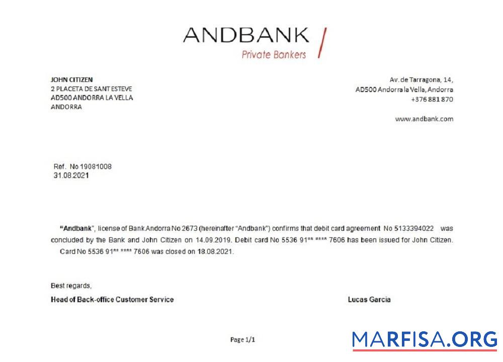 Printable Andorra Andbank bank closure reference example